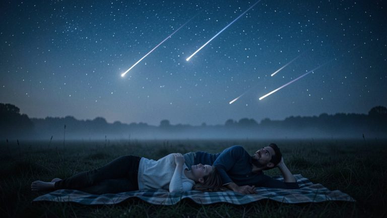 Une famille allongée sur des couvertures dans un champ sombre, observant le ciel nocturne rempli d’étoiles filantes.