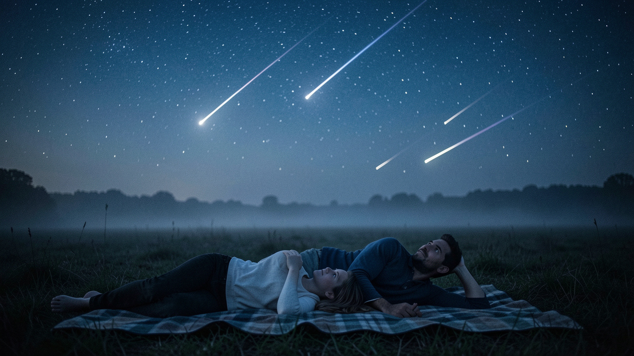 Une famille allongée sur des couvertures dans un champ sombre, observant le ciel nocturne rempli d’étoiles filantes.