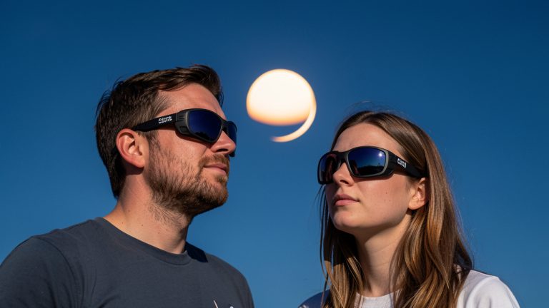 Un homme et une femme portent des lunettes certifiées pour observer un Soleil partiellement occulté dans un ciel bleu dégagé.