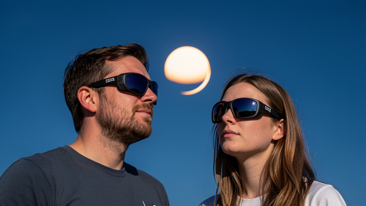 Un homme et une femme portent des lunettes certifiées pour observer un Soleil partiellement occulté dans un ciel bleu dégagé.