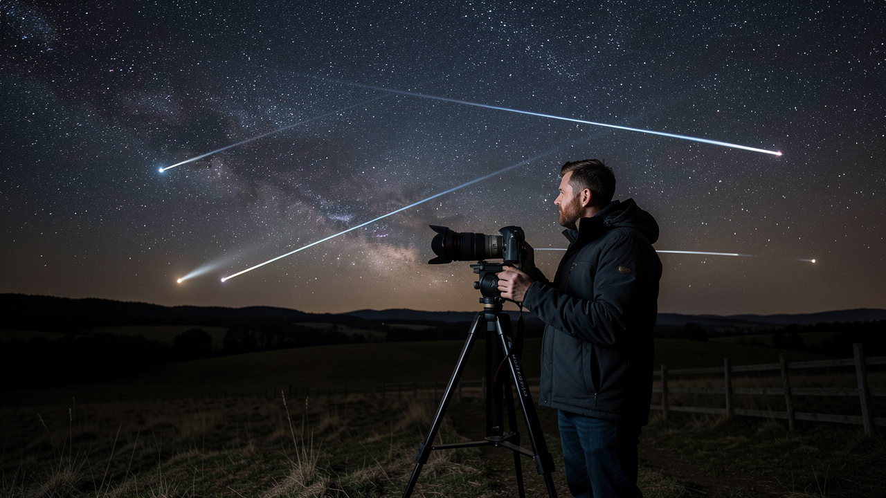 Un photographe de nuit près d’un appareil sur trépied observe un paysage rural sombre sous un ciel étoilé traversé par plusieurs météores.