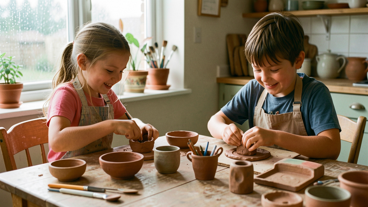 Deux enfants modèlent six objets utiles en argile autour d’une table lors d’un atelier de poterie à la maison, un mercredi pluvieux.