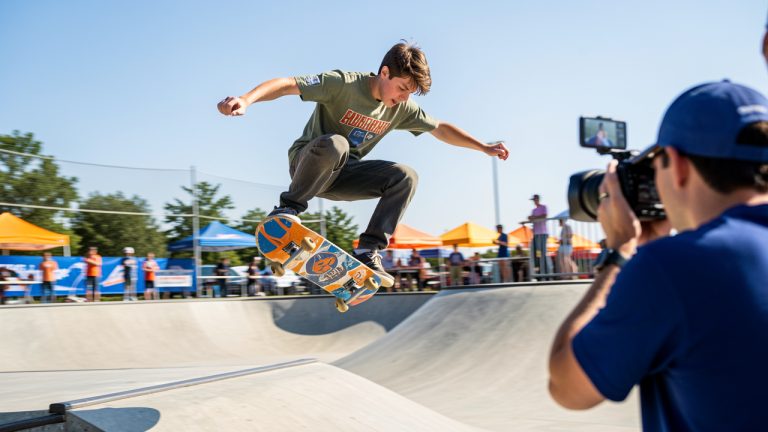 Un adolescent en skateboard est photographié en plein saut au-dessus d’une rampe dans un skatepark, avec une composition en contre-plongée mettant en valeur la planche.