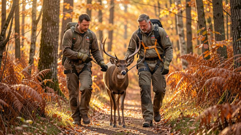 Deux hommes équipés de gants et d’un harnais guident prudemment un cerf sur un chemin forestier baigné par la lumière douce de l’automne.