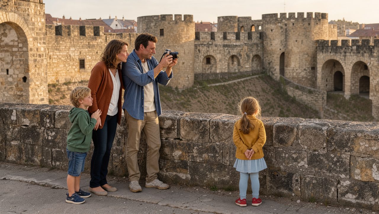 Une famille avec un homme, une femme, un jeune garçon et une jeune fille photographie les remparts de la Citadelle de Besançon sous une douce lumière de fin d’après-midi.